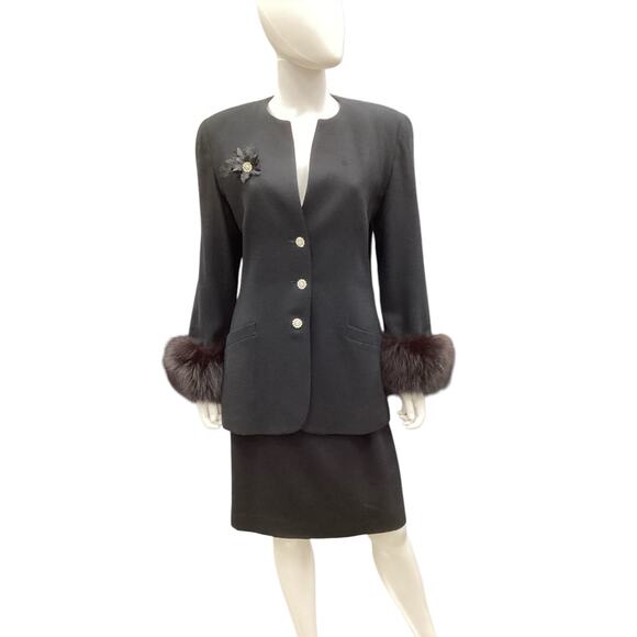 VTG Lynn Greene 2-Piece Set Women’s SZ S Fox Fur Cuffs Rhinestone Buttons Black